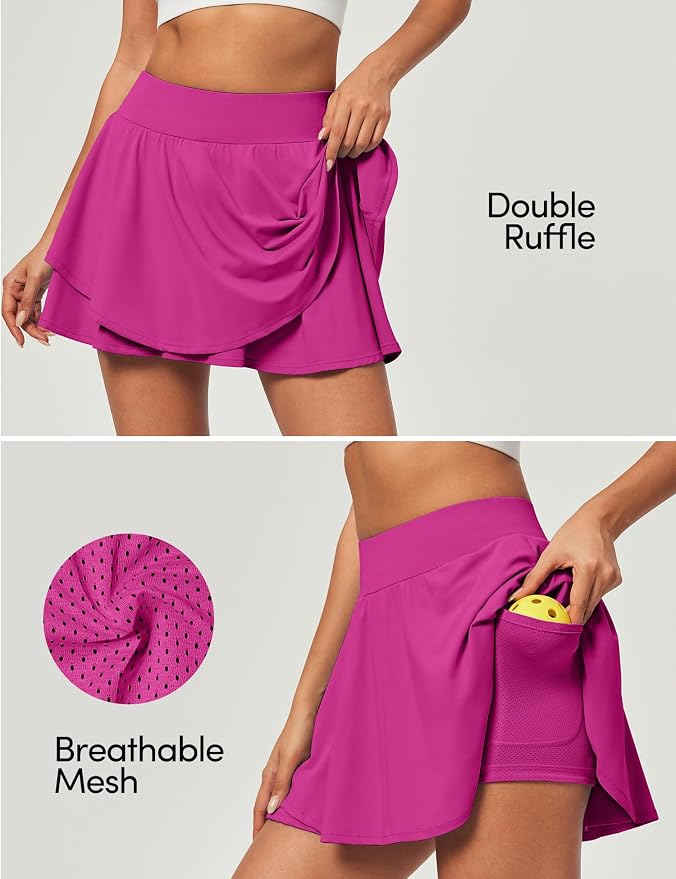 IUGA Tennis Skirt Pleated Skorts for Women with Pockets Skirts for Women | Double Ruffle Skort , Built-In Shorts, 2 Pockets, Tummy Control Breathable, Quick-dry, for Golf, Athletic, Running, Workout