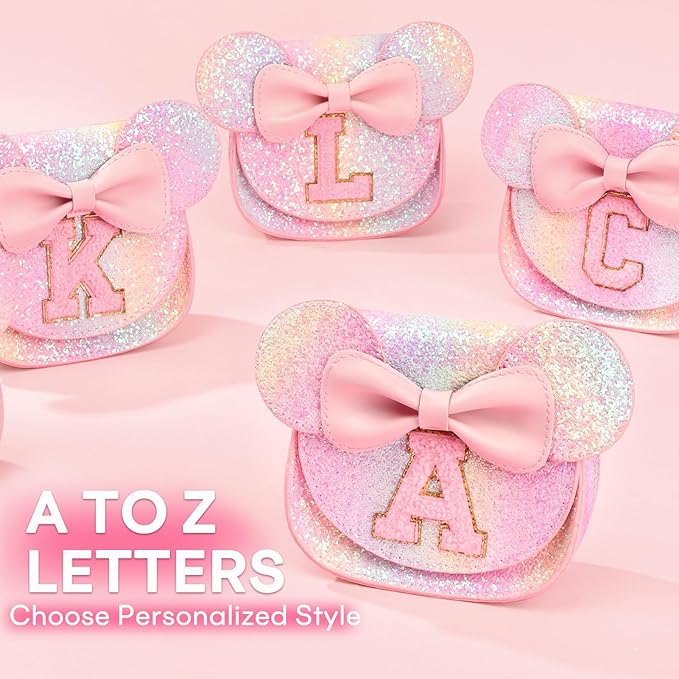 mibasies Toddler Purse Girl Gifts: Girls Birthday Gifts for 3-8 - Toys for Ages 2-4 Girls Mouse Ears Purse, Glitter Rainbow, Letter T
