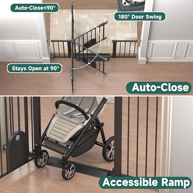 29.5"-51.5" Extra Wide Baby Gate with Cat Door for Stairs & Doorways - 30.5" Tall Auto-Close Metal Gate - No Drilling Pressure Mounted Dog Gate Indoor with Door (Black)