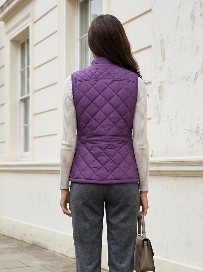 Fuinloth Women's Quilted Vest Lightweight Puffer Stand Collar Zip Gilet | 4 pockets with 2 inner storage. Quilted padded warm gilet. Fall winter outerwear layering vest for travel hiking daily wear.
