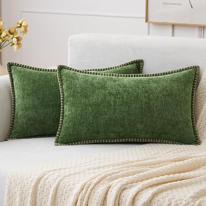 MIULEE Decorative Lumbar Throw Pillow Covers 12x20 Inch Forest Green 2 Pack | Farmhouse Pillow Covers with Stitched Edge, Soft Chenille Cushion Cases, for Couch Sofa Bed Living Room Home Decor,Moss Green