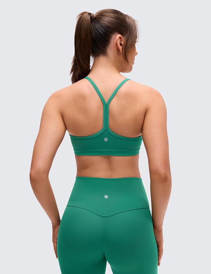 CRZ YOGA Butterluxe Ruched Sports Bras for Women - V Neck Spaghetti Thin Strap Y Back Wireless Padded Yoga Crop Top
