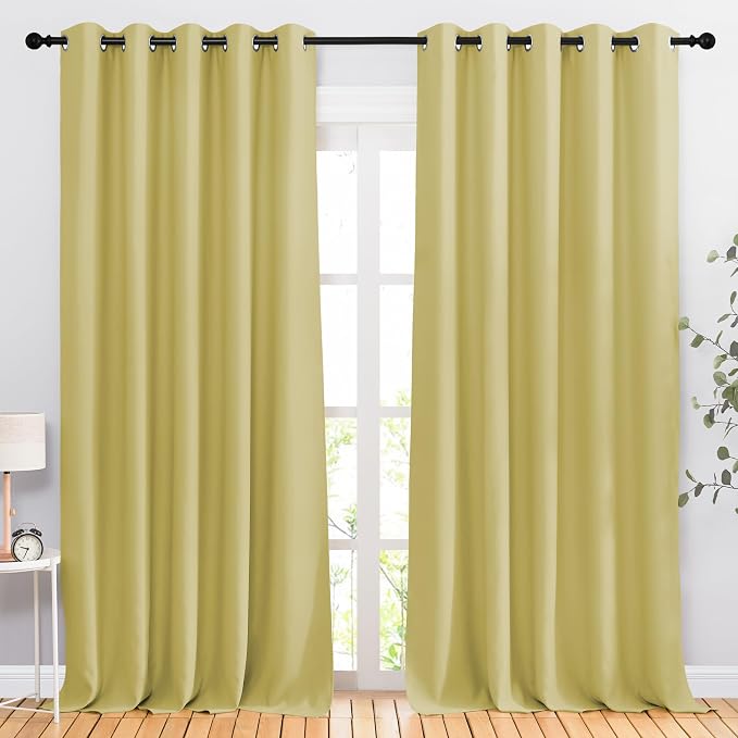 NICETOWN Room Darkening Curtains for Windows - Home Fashion Energy Saving Grommet Top Thermal Insulated Drapes for Bedroom/Patio Door (Paler Yellow, 1 Pair, 66 by 90 Inch)