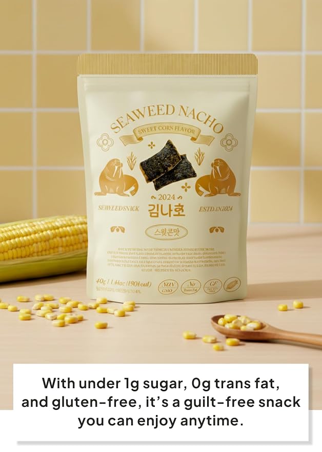 Korean Food Seaweed Nachos, Sweet Corn Flavor, Low-Sugar, Crispy Snack, 40g | Light and crispy seaweed snack with sweet corn flavor and a satisfying crunch
