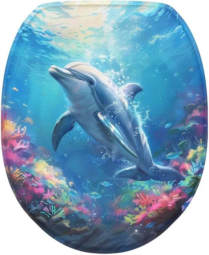 Dolphin Toilet Cover Set Blue Oblong Toilet Seat Cover Blue Toilet Seat Cover Cushioned Toilet Seat Toilet Lid Covers for Bathroom