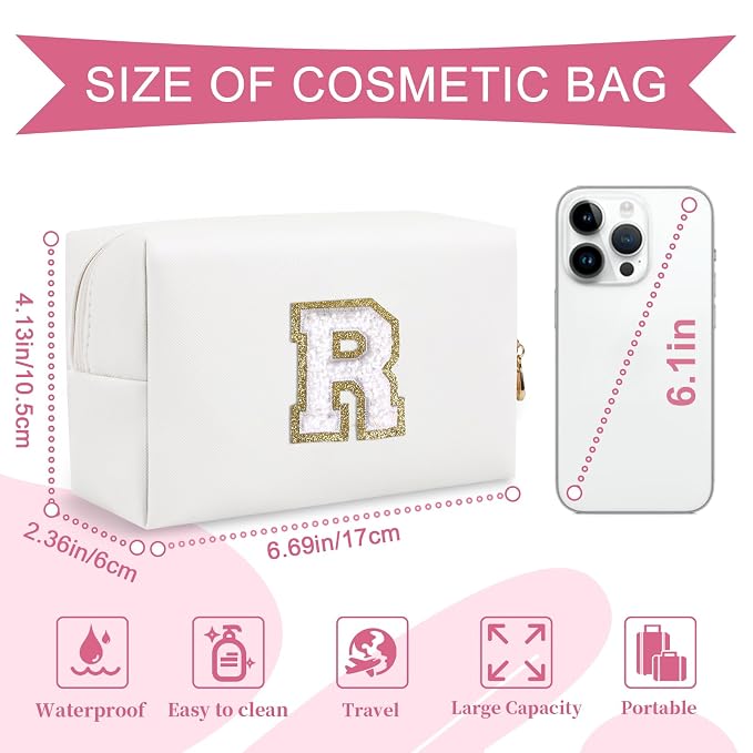 Small Personalized Initial A-Z Preppy Patch Makeup Bag,White PU Chenille Letter Travel Cosmetic Pouch with Zipper,Cute Toiletry Bag,Gift Ideal for Teen Girls Women Teacher Bridesmaid,Letter R