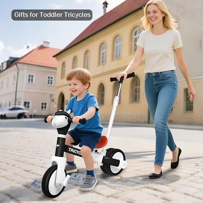 5-in-1 Toddler Tricycle with Lights & Music, Adjustable Push Kids Bike for 1-5 Year Olds, Toddler Balance Bike & Tricycle for Boys & Girls, Birthday Gift for 1 2 3 4 5 Year Old Kids (Black)