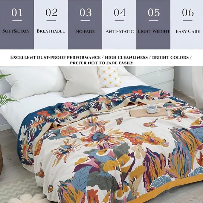 Boho Throw Blanket for Bed 100% Cotton Bohemian Blankets Ultra Soft Woven Muslin Decorative Blankets All Seasons Vintage Quilt Knitted Blanket for Sofa Chair(Yellow, 50"x60")