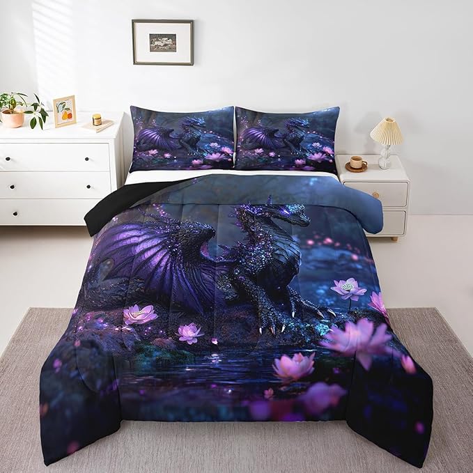 Feelyou Dragon Comforter Set King Size Dragon Stuff Comforter for Boys Girls Teens Wild Life Bedding Set Flower Duvet Set Room Decor Black Purple Quilt Set