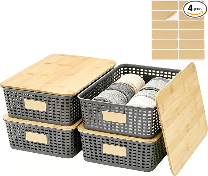 4 Pack Plastic Storage Bins with Bamboo Lids, 6.2qt Stackable Storage Organizer Box with Lable for Pantry Shelves Drawers Desktop Office, 12"L x 8.3"W x 3.5"H, Gray