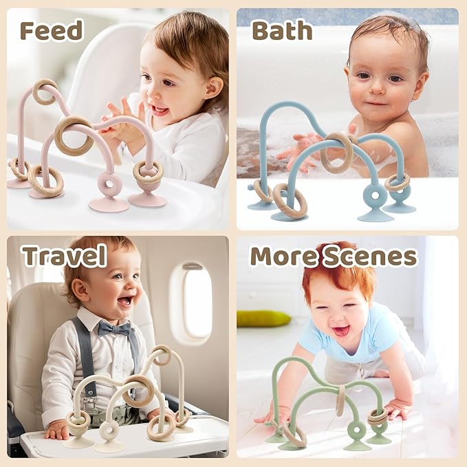 Baby High Chair Suction Toys Teething Chew - Baby Teething Toys Silicone Teethers Table Toys, Food Grade Silicon for 6 12 18 Months (RPinkBeige)