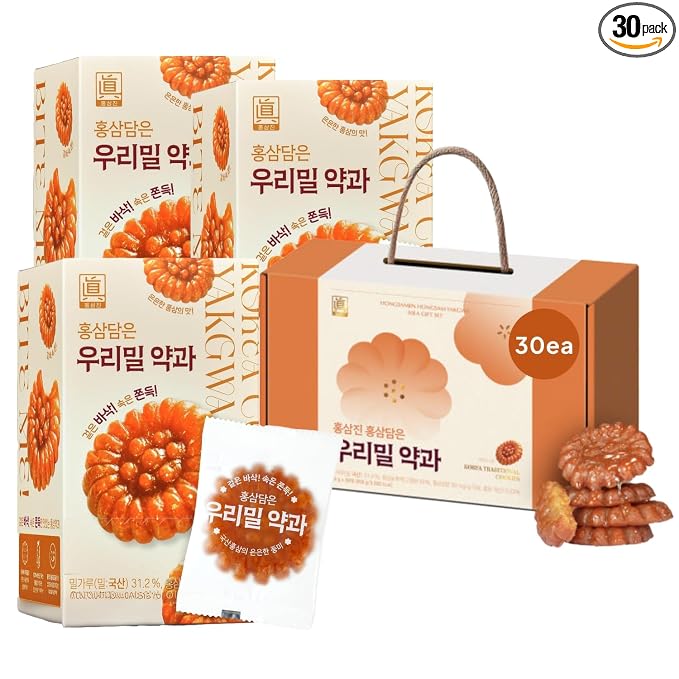 Korean Food Hongsamjin Yakgwa Honey Glazed Donut Cookies – 30 Individually Wrapped Korean Honey Pastry Bites with Red Ginseng – Chewy Traditional Snack & Gift Set