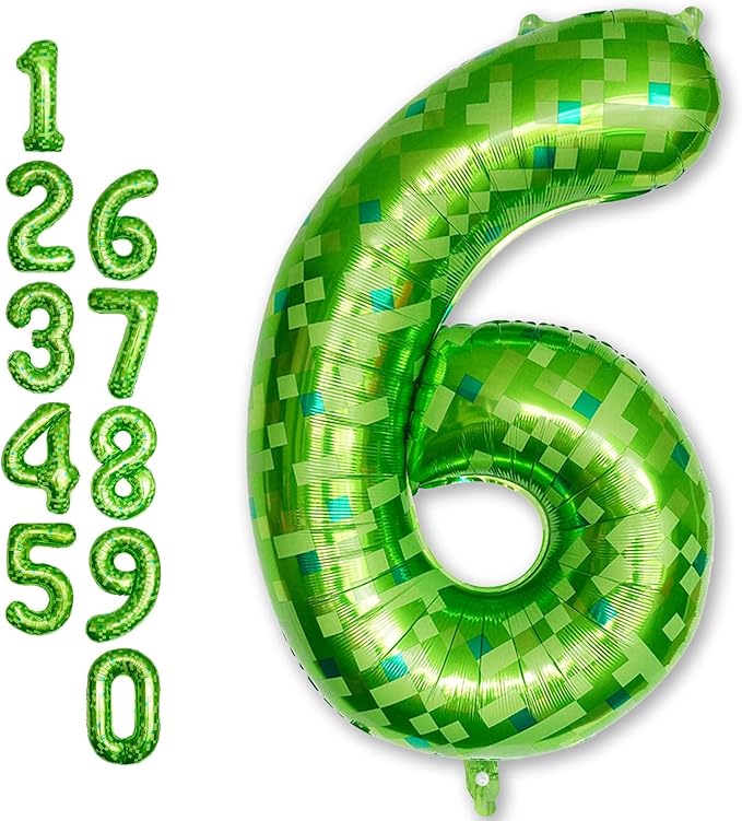 Gaint Green Pixel Number 6 Balloon, Dark Kelly Green Self Inflating 6 Balloons Number, 40 Inch Pixel Foil Six Balloon for Boys Kids 6th Birthday Party Video Game Forest Golf Patrick's Day Decorations