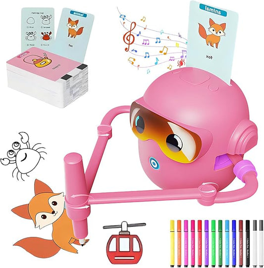 Smart Drawing Robot for Kids with 100 Cards & 12 Color Pens, Voice Interactive Educational Painting Machine, Montessori Learning Toy, Magic Drawing Robot, Ideal Gift for Boys and Girls Ages 3+ (Pink)