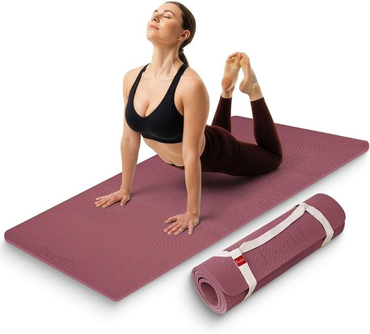 Extra Thick 12mm Exercise Mat – 74"L x 26"W Inch, Non-Slip, Joint-Friendly & Cushioned Fitness Mat for Yoga, Pilates & Floor Workouts – Durable, Supportive & Includes Feetlu Classic Strap