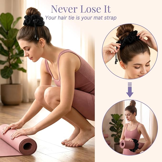 Aolamegs Adjustable Yoga Mat Scrunchie, 2-in-1 Mat Strap and Hair Tie, Fits All Standard & Extra Thick Yoga Mats