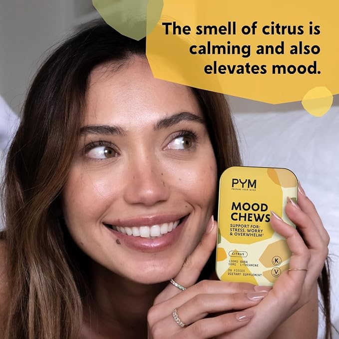PYM Citrus Mood Chews Support for Stress, Worry & Overwhelm, 60 Count | 130mg GABA, 90mg L-Theanine | Vegan, Non-GMO, Gluten-Free, No Added Sugar | All-Natural Mood Support Supplement Made in USA