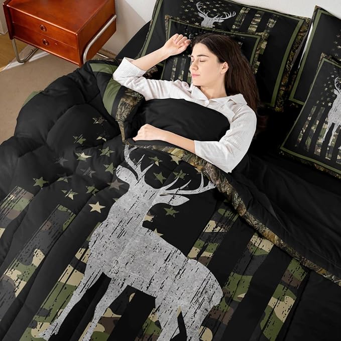 Feelyou Green Hunting Camo King Comforter Set with Sheets for Kids Boys Girls American Flag Deer 7 Pieces Bedding Set Wild Animal Hunter Bed in a Bag Room Decor Soft Lightweight Microfiber