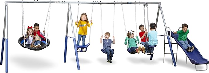 Fun Forever with 6' Wave Slide - 8 User / 6 Station Easy Assembly Galvanized Metal Backyard Play Kids Swing Set. 192" L x 104" Deep x 74" H, by XDP Recreation a USA Company