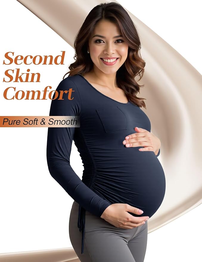 Fotociti Maternity Shirts Long Sleeve, Pregnancy Side Ruched Tops,Women’s Clothes for Mama Work Casual Yoga Wearing