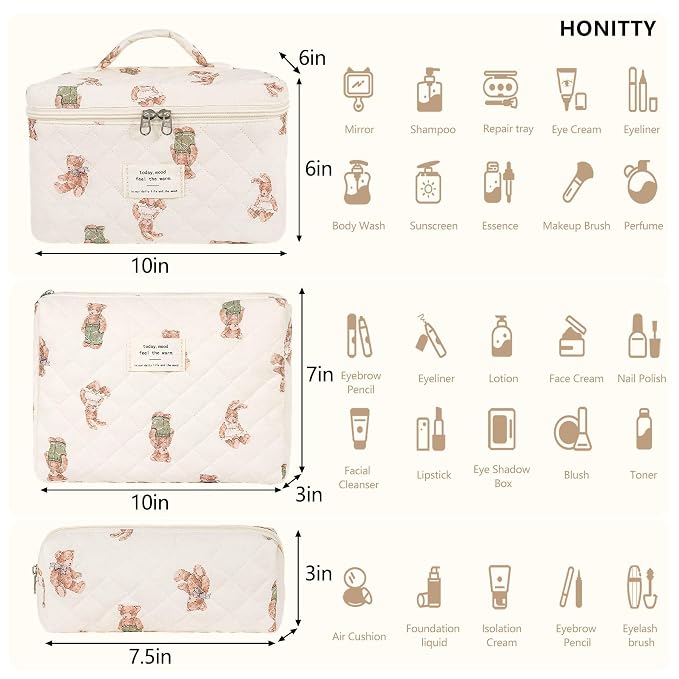 honitty Makeup Bag,Quilted Cosmetic Bag,Large Floral Make Up Bag for Women,Cotton Makeup Bag Set,Flower Travel Toiletry Bag