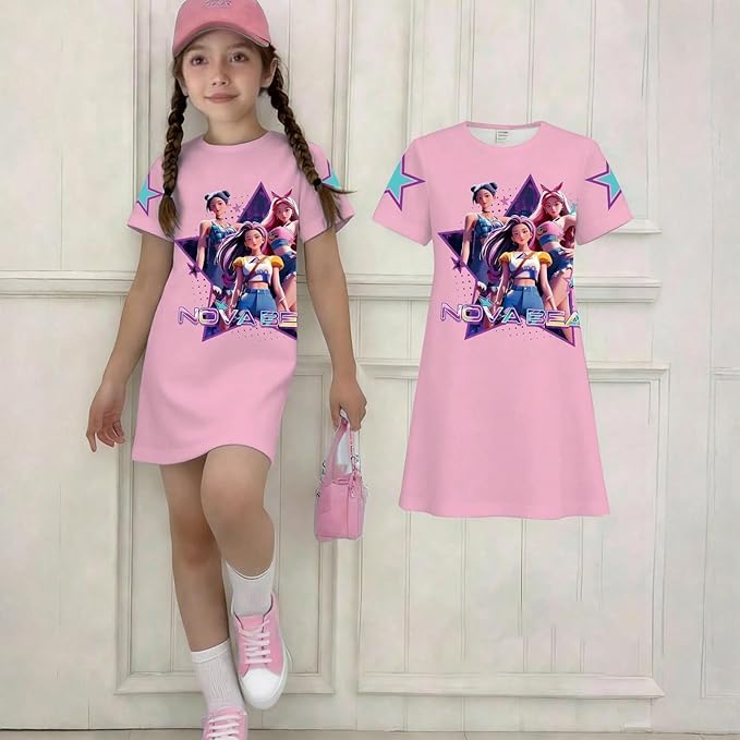 Girl's Anime K-POP Graphic Long Dress T-Shirt - Casual Loose Fit Short Sleeve Top