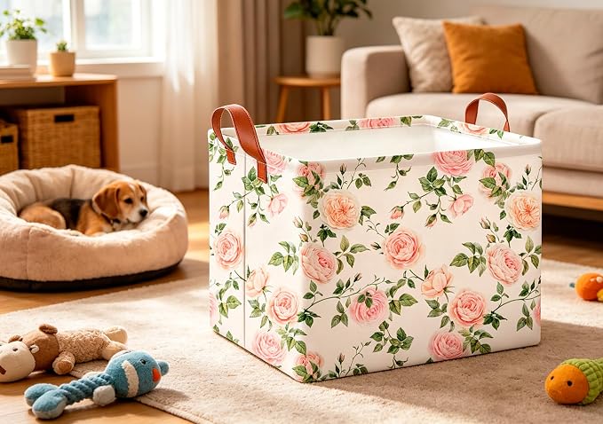 CLOCOR Rectangular Storage Basket Empty,Gift Basket,Waterproof Storage Bin with Handles,Room Decor(Watercolor Rose)