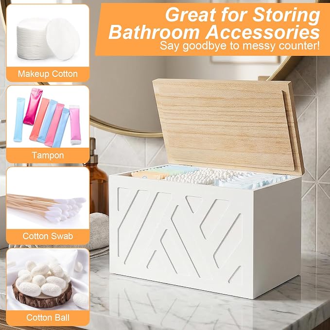 Tampon Holder for Bathroom, Feminine Products Organizer with Lid Wooden Shark Week Tampon Storage for Bathroom, Bedroom, Toilet (White)