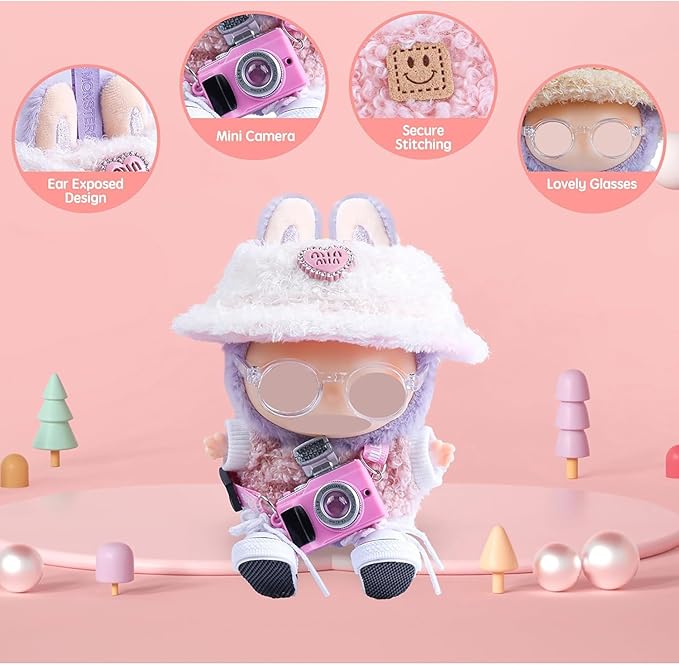 5 Set 17cm Doll Clothes- Clothes for Dolls Outfit - Accessories for Labubu +Light Pink Heart-Shaped Velvet hat + Small Camera + Glasses + Canvas Shoes, No Doll Included (Pink Camera)