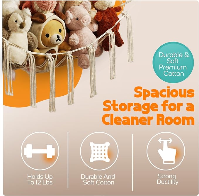 Stuffed Animal Storage Hammock Large Toy Storage Net Stuff Animal Hanging Organizer Holder for Plush Plushie Included Anchors & Hooks Teddy Bear Storage Boho Room Decor