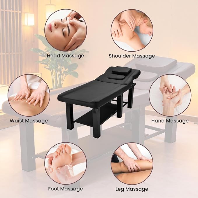 Professional Stationary Massage Table with Backrest, Adjustable Thick Foam Spa Massage Beds,Metal Frame PU Leather 27.55'' Wide 72.83'' Long Heavy Duty Bed for Massages, Hairdressing, Spas(Black)