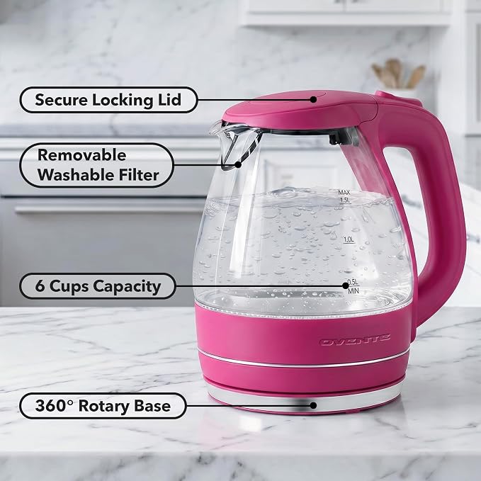 OVENTE Electric Kettle, 1.5L Borosilicate Glass Countertop Water Heater and Boiler for Coffee or Tea, BPA-Free, Auto Shut-Off, Boil-Dry Protection, Removable and Washable Spout Filter, Pink KG83F