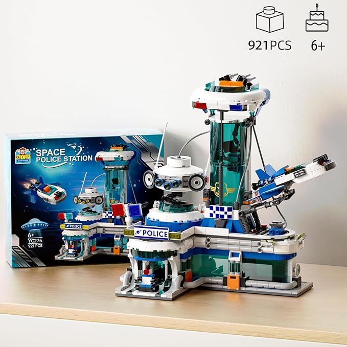 QLT Space Police Station Builidng Set, 905 Pcs Building Toy Compatible with Lego, Little Spaceship, A Police Robot, Gift for Adult & Boys