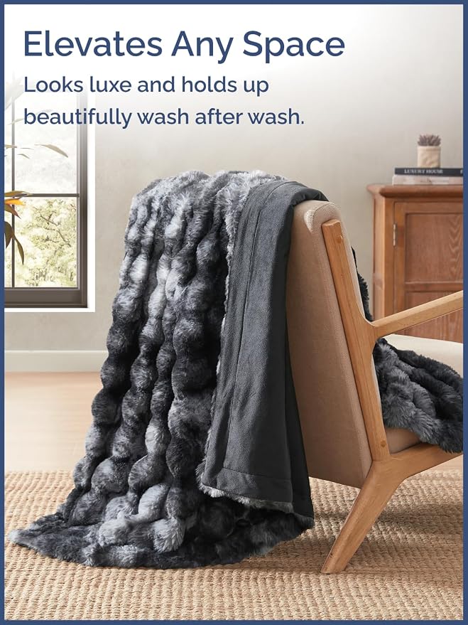 3D Fleece Bubble Blanket Queen - Rabbit Blanket - 90" x 90", Marble Black | Soft Fluffy Faux Fur Blanket for Couch Sofa & Chair, Cozy Gifts for Women, Tie Dye Cloud Throw Bed Cover, Thick Plush Bedding