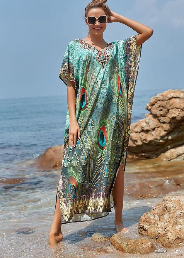 Venasha Womens Caftan Floral Print Kaftan Dress Short Sleeve Swimsuit Cover up Loungewear for Summer