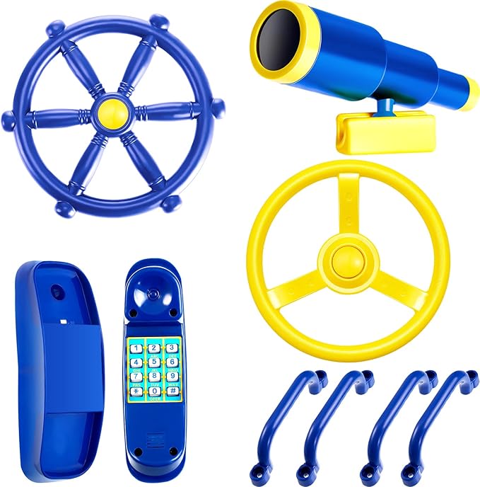 Playground Accessories Backyard Pirate Plastic Ship Playset Plastic Playground Equipment Set with Ship Wheel, Telescope, Safety Handlestoy Phone for Outdoor Playhouse Treehouse Playset(Blue, Yellow)
