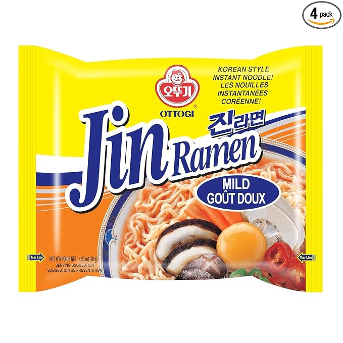 OTTOGI Jin Ramen Mild Flavor, Authentic Korean Instant Noodle, Genuine Korean Ramen Soup Mix, 4.23oz x 4 Pack