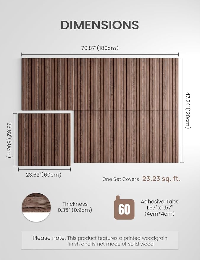Fluxynara 6-Pack Large Felt Bulletin Board, Walnut Slat | 70.87" x 47.24" Cork Board Alternative, Acoustic Wall Panels with 60 Adhesive Tabs for Recording Studios and Home Offices