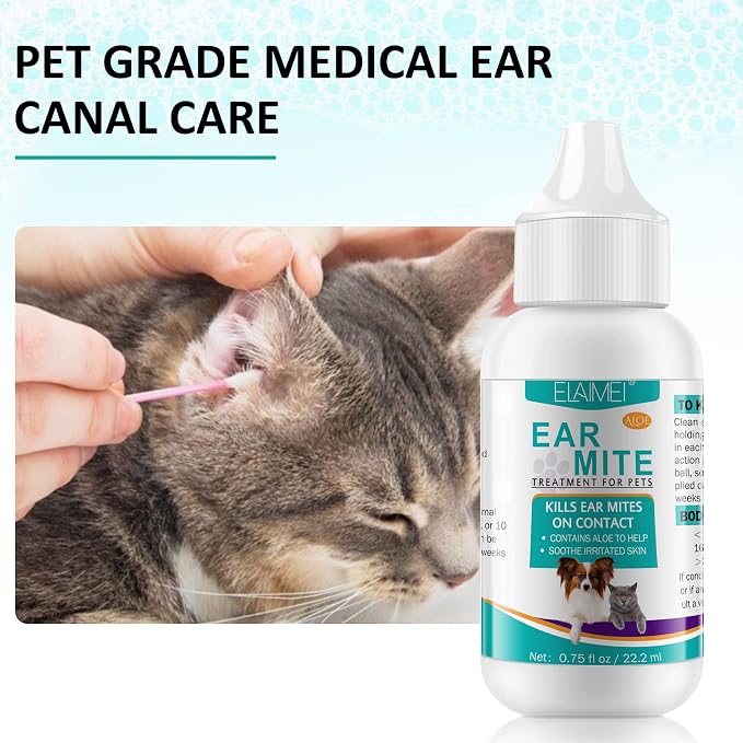 Ear Mite Treatment for Dogs and Cats, Cat Ear Cleaner with Aloe Vera, Cleaner on Contact & Soothes Itching, Vet-Recommended Formula for Pets Ear Cleaning, Fast-Acting