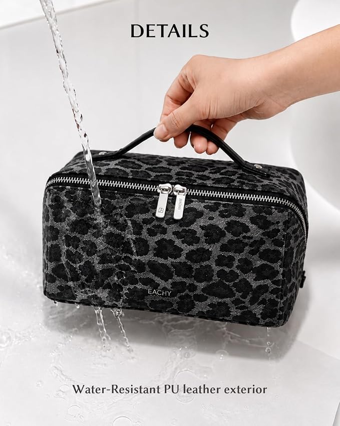 EACHY Travel Makeup Bag, Large Capacity Cosmetic Bag for Women, Waterproof PU Leather, Flat Open Portable Toiletry Bag for Skincare, Brushes & Travel Essentials