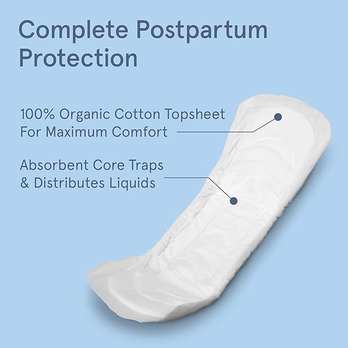 LOLA Organic Cotton Postpartum Pads - 20 Count, Ultra Absorbent and Extra Long Pads, Overnight and Full Coverage, Adult Incontinence Pad for Women, Postpartum Essentials