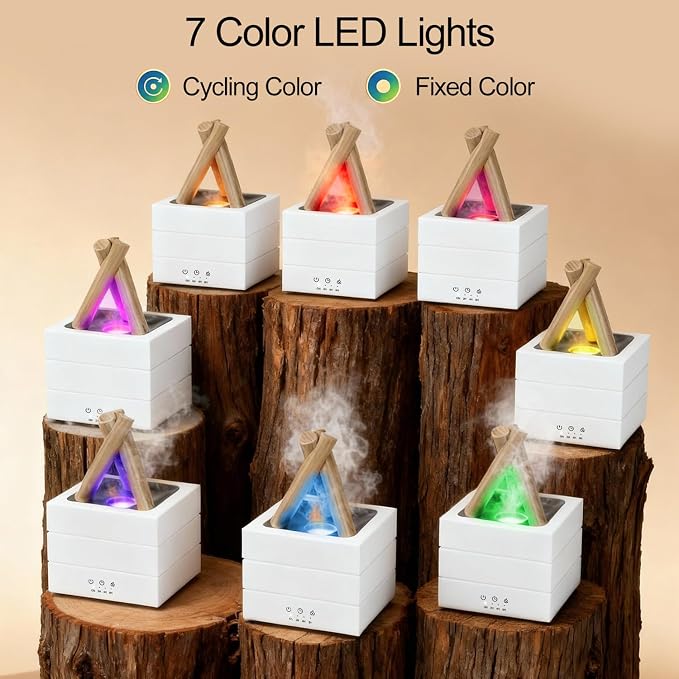 Campfire Flame Essential Oil Diffuser, 280ml Ultrasonic Cool Mist Aromatherapy Humidifier with Remote Control, 7-Color LED Lights, Timer & Auto-Off for Home, Office & Bedroom (White)