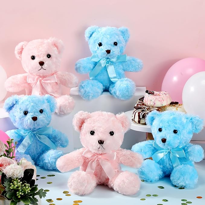 HyDren 24 Pcs Bear Bulk Plush Stuffed Animals 10 Inch Cute Soft Stuffed Bear with Green Bow for Baby Shower Birthday Gift Party (Pink, Blue)