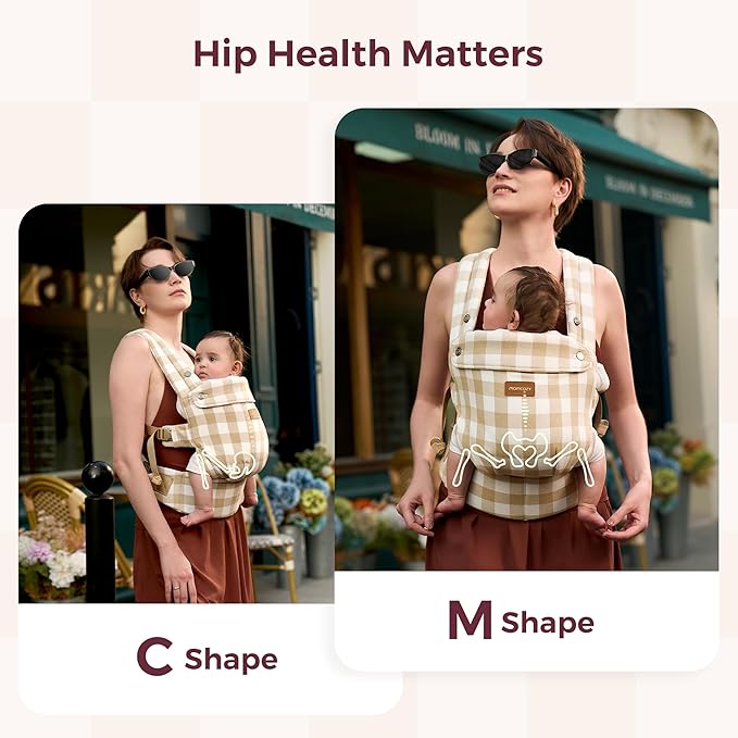 Momcozy Baby Carrier - Ergonomic, Cozy and Lightweight Carrier for 7-45lbs, Effortless to Put On, Ideal for Hands-Free Parenting, Enhanced Lumbar Support, Brown Checkerboard