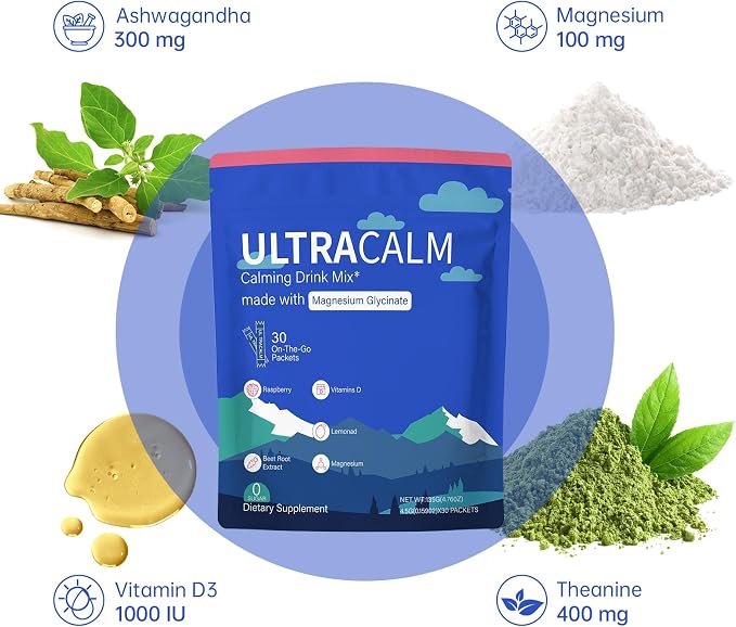 UltraCalm Super Calm Cortisol Drink, Magnesium Glycinate Powder with Ashwagandha L-Theanine Vitamin D3, Calm Magnesium Powder for Stress Relief Sleep Support, Raspberry Lemonade (30 Servings)
