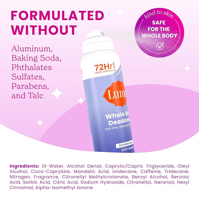Lume Invisible Spray Deodorant For Women - Whole Body Deodorant Spray - 72 Hr Odor Control - Ozone Friendly, Natural Propellant - Baking Soda & Aluminum Free - Skin Loving, Full Body - Soft Powder
