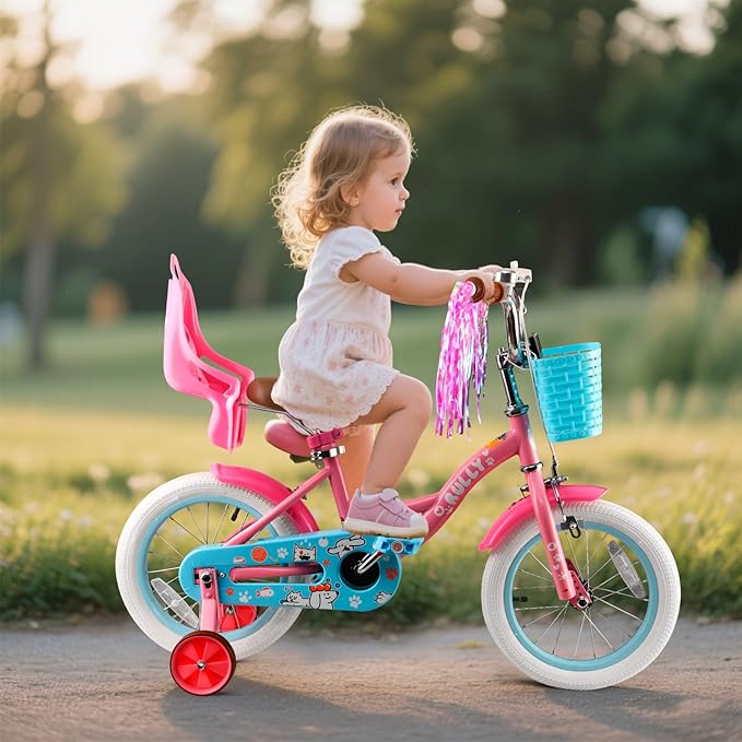 RULLY 12-16 Inch Girls Bike with Doll Seat Basket and Training Wheels for 2-6 Years Children