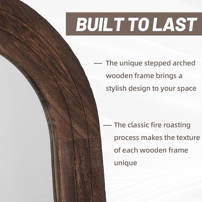 ZHUNFA Arched Full Length Mirror with Solid Wood Frame | 71x32 Farmhouse Wall Mounted Floor Mirror with Stand, Vertical Hanging, Leaning Standing for Bedroom, Living Room, Brown