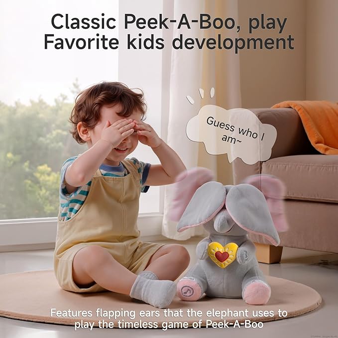 Peek a Boo Elephant Toy, Interactive Singing Plush Elephant Toy with Flapping Ears and Hearts, Musical Stuffed Animal for Babies and Toddlers