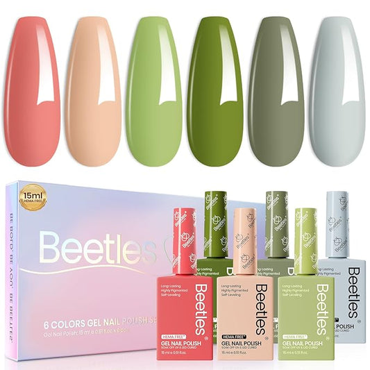 Beetles Spring Gel Polish Set - 6 Colors Hema Free 15ml Green Nude Pink Gel Polish Kit Soak Off Uv LED Nail Lamp DIY Home Manicure Salon Lakeside Serenity Gift for Women Girls st patricks